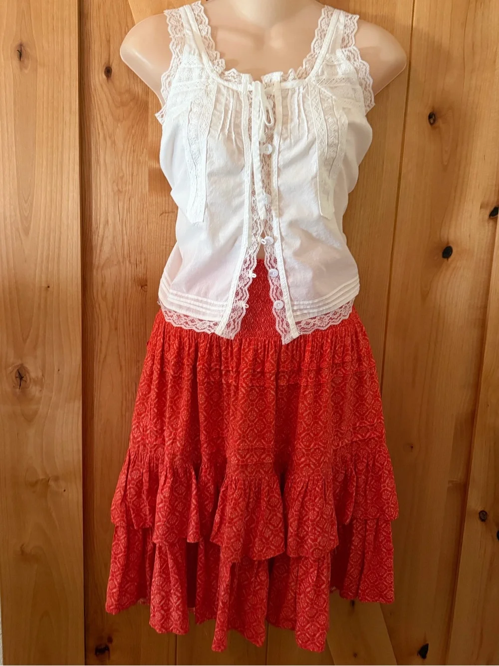 Lauren Ralph Lauren Coral Orange Smocked Tiered Ruffle Mini Skirt Boho Size 8